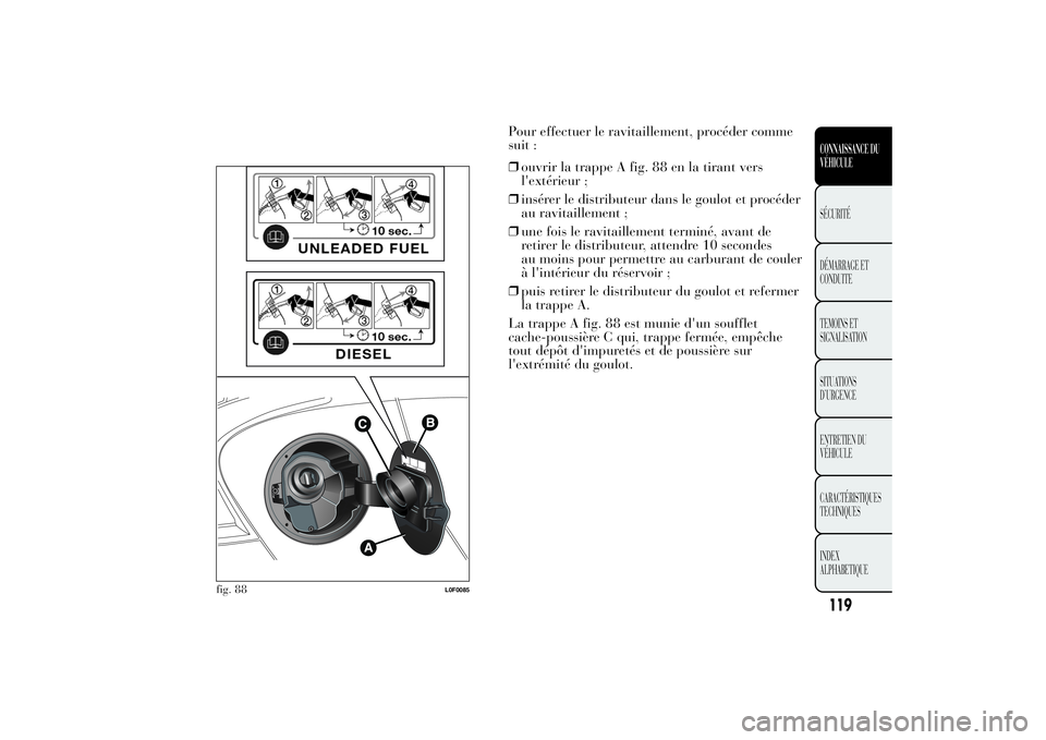 Lancia Ypsilon 2014 Notice dentretien (in French) Pour effectuer le ravitaillement, procéder comme
suit :
❒ouvrir la trappe A fig. 88 en la tirant vers
l'extérieur ;
❒insérer le distributeur dans le goulot et procéder
au ravitaillement ;
Lancia Ypsilon 2014 Notice dentretien (in French) Pour effectuer le ravitaillement, procéder comme
suit :
❒ouvrir la trappe A fig. 88 en la tirant vers
l'extérieur ;
❒insérer le distributeur dans le goulot et procéder
au ravitaillement ;