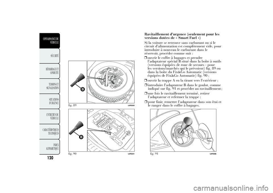 Lancia Ypsilon 2014 Notice dentretien (in French) ❒introduire l'adaptateur B dans le goulot, comme
indiqué sur fig. 91 et procéder au ravitaillement
;
❒une fois le ravitaillement terminé, retirer
l'adaptateur et refermer la trappe ;
Lancia Ypsilon 2014 Notice dentretien (in French) ❒introduire l'adaptateur B dans le goulot, comme
indiqué sur fig. 91 et procéder au ravitaillement
;
❒une fois le ravitaillement terminé, retirer
l'adaptateur et refermer la trappe ;