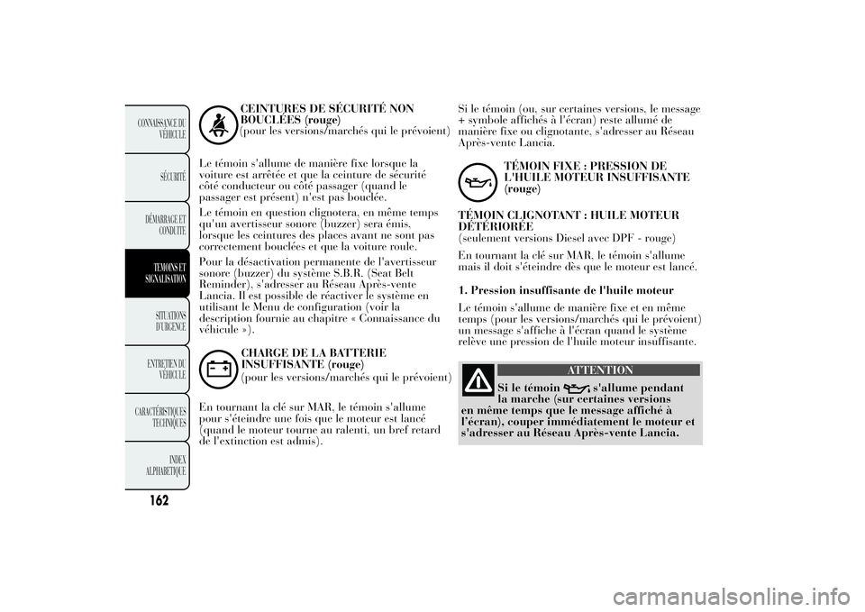 Lancia Ypsilon 2014 Notice dentretien (in French) CEINTURES DE SÉCURITÉ NON
BOUCLÉES (rouge)
(pour les versions/marchés qui le prévoient)
Le témoin s'allume de manière fixe lorsque la
voiture est arrêtée et que la ceinture de sécurité
Lancia Ypsilon 2014 Notice dentretien (in French) CEINTURES DE SÉCURITÉ NON
BOUCLÉES (rouge)
(pour les versions/marchés qui le prévoient)
Le témoin s'allume de manière fixe lorsque la
voiture est arrêtée et que la ceinture de sécurité