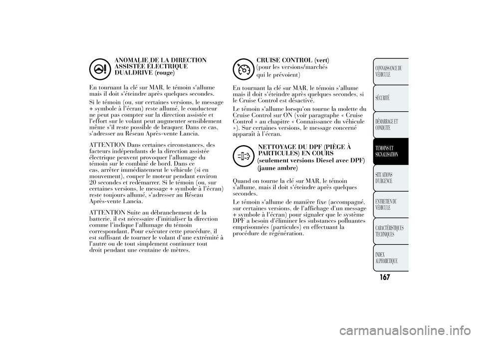 Lancia Ypsilon 2014 Notice dentretien (in French) ANOMALIE DE LA DIRECTION
ASSISTÉE ÉLECTRIQUE
DUALDRIVE (rouge)
En tournant la clé sur MAR, le témoin s'allume
mais il doit s'éteindre après quelques secondes.
Si le témoin (ou, sur cert Lancia Ypsilon 2014 Notice dentretien (in French) ANOMALIE DE LA DIRECTION
ASSISTÉE ÉLECTRIQUE
DUALDRIVE (rouge)
En tournant la clé sur MAR, le témoin s'allume
mais il doit s'éteindre après quelques secondes.
Si le témoin (ou, sur cert