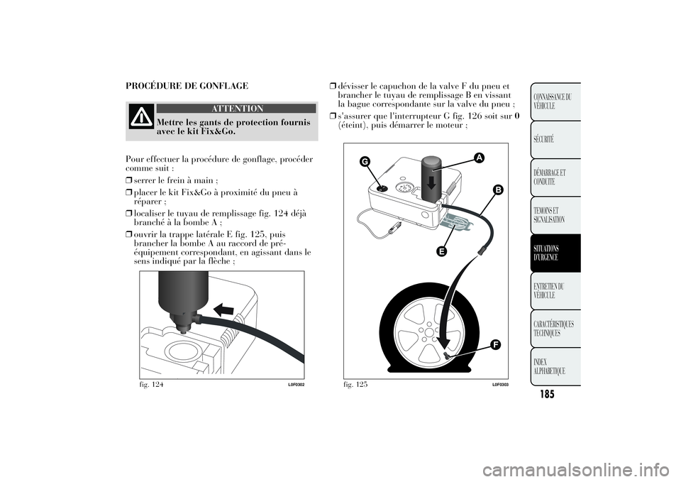 Lancia Ypsilon 2014 Notice dentretien (in French) 185CONNAISSANCE DU
VÉHICULE
SÉCURITÉ
DÉMARRAGE ET
CONDUITE
TEMOINS ET
SIGNALISATIONSITUATIONS
D’URGENCEENTRETIEN DU
VÉHICULE
CARACTÉRISTIQUES
TECHNIQUES
INDEX
ALPHABETIQUE
PROCÉDURE DE GONFLA Lancia Ypsilon 2014 Notice dentretien (in French) 185CONNAISSANCE DU
VÉHICULE
SÉCURITÉ
DÉMARRAGE ET
CONDUITE
TEMOINS ET
SIGNALISATIONSITUATIONS
D’URGENCEENTRETIEN DU
VÉHICULE
CARACTÉRISTIQUES
TECHNIQUES
INDEX
ALPHABETIQUE
PROCÉDURE DE GONFLA