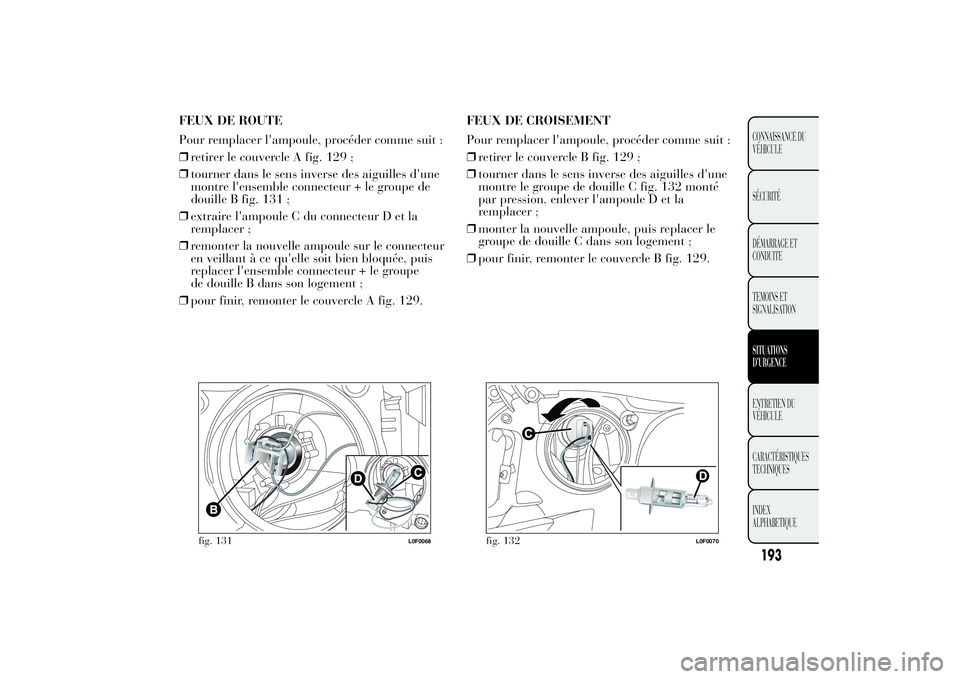 Lancia Ypsilon 2014  Notice dentretien (in French) FEUX DE ROUTE
Pour remplacer l'ampoule, procéder comme suit :
❒retirer le couvercle A fig. 129 ;
❒tourner dans le sens inverse des aiguilles d'une
montre l'ensemble connecteur + le gr