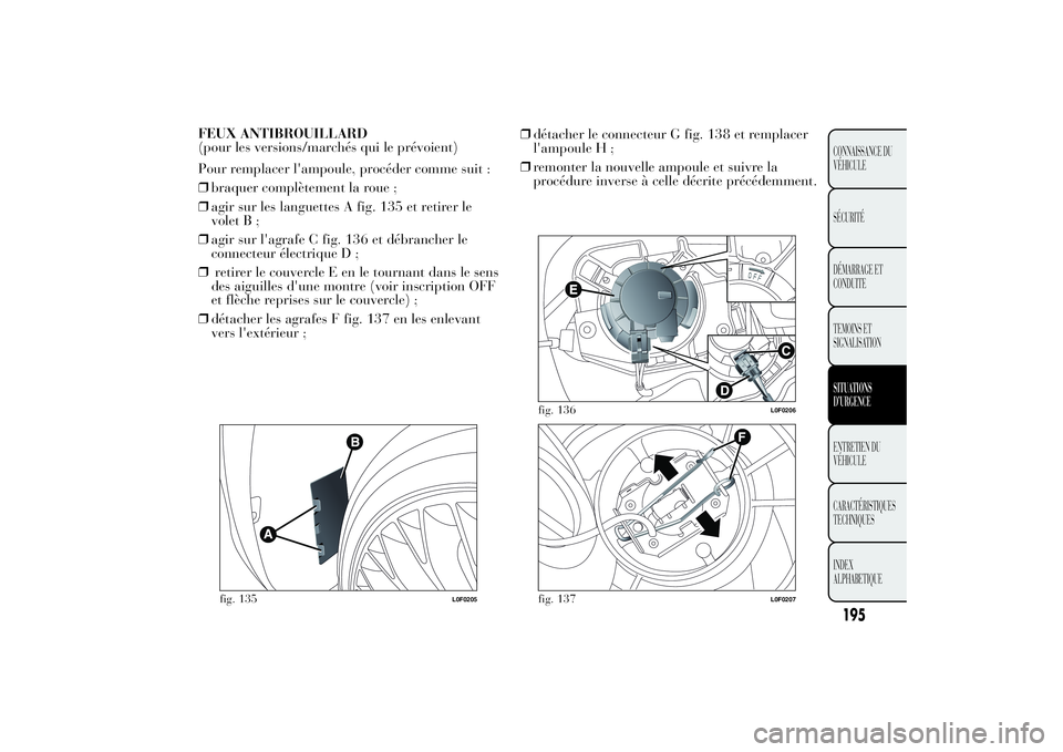 Lancia Ypsilon 2014  Notice dentretien (in French) FEUX ANTIBROUILLARD
(pour les versions/marchés qui le prévoient)
Pour remplacer l'ampoule, procéder comme suit :
❒braquer complètement la roue ;
❒agir sur les languettes A fig. 135 et reti