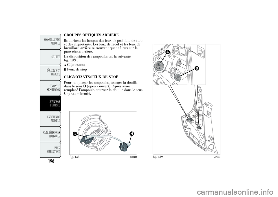 Lancia Ypsilon 2014  Notice dentretien (in French) GROUPES OPTIQUES ARRIÈRE
Ils abritent les lampes des feux de position, de stop
et des clignotants. Les feux de recul et les feux de
brouillard arrière se trouvent quant à eux sur le
pare-chocs arri
