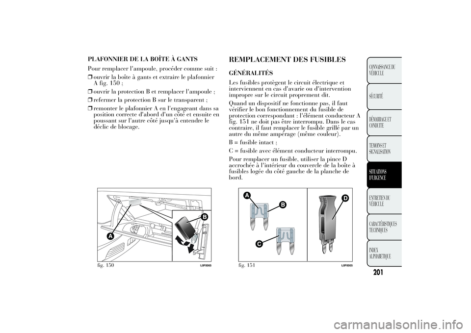 Lancia Ypsilon 2014 Notice dentretien (in French) PLAFONNIER DE LA BOÎTE À GANTS
Pour remplacer l'ampoule, procéder comme suit :
❒ouvrir la boîte à gants et extraire le plafonnier
A fig. 150 ;
❒ouvrir la protection B et remplacer l'a Lancia Ypsilon 2014 Notice dentretien (in French) PLAFONNIER DE LA BOÎTE À GANTS
Pour remplacer l'ampoule, procéder comme suit :
❒ouvrir la boîte à gants et extraire le plafonnier
A fig. 150 ;
❒ouvrir la protection B et remplacer l'a
