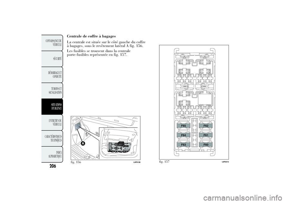Lancia Ypsilon 2014 Notice dentretien (in French) fig. 157
L0F0212
206
CONNAISSANCE DU
VÉHICULE
SÉCURITÉ
DÉMARRAGE ET
CONDUITE
TEMOINS ET
SIGNALISATION
SITUATIONS
D’URGENCEENTRETIEN DU
VÉHICULE
CARACTÉRISTIQUES
TECHNIQUES
INDEX
ALPHABETIQUE
C Lancia Ypsilon 2014 Notice dentretien (in French) fig. 157
L0F0212
206
CONNAISSANCE DU
VÉHICULE
SÉCURITÉ
DÉMARRAGE ET
CONDUITE
TEMOINS ET
SIGNALISATION
SITUATIONS
D’URGENCEENTRETIEN DU
VÉHICULE
CARACTÉRISTIQUES
TECHNIQUES
INDEX
ALPHABETIQUE
C