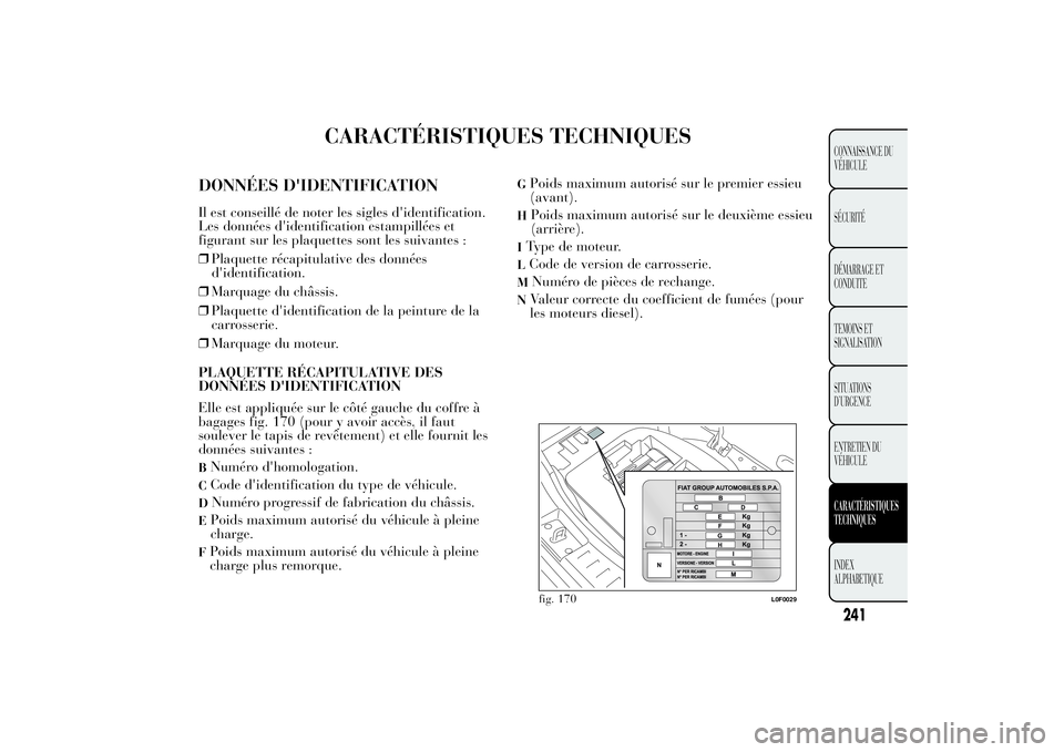 Lancia Ypsilon 2014 Notice dentretien (in French) CARACTÉRISTIQUES TECHNIQUES
DONNÉES D'IDENTIFICATIONIl est conseillé de noter les sigles d'identification.
Les données d'identification estampillées et
figurant sur les plaquettes son Lancia Ypsilon 2014 Notice dentretien (in French) CARACTÉRISTIQUES TECHNIQUES
DONNÉES D'IDENTIFICATIONIl est conseillé de noter les sigles d'identification.
Les données d'identification estampillées et
figurant sur les plaquettes son
