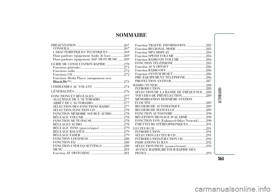 Lancia Ypsilon 2014  Notice dentretien (in French) SOMMAIRE
PRÉSENTATION .....................................................267
CONSEILS.............................................................267
CARACTÉRISTIQUES TECHNIQUES ..................