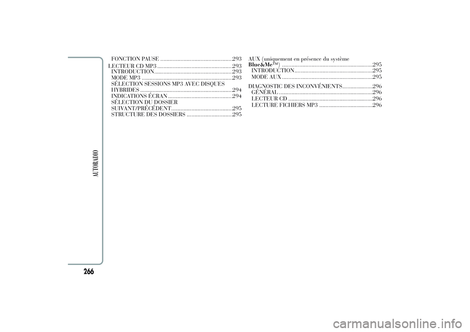 Lancia Ypsilon 2014 Notice dentretien (in French) FONCTION PAUSE ...............................................293
LECTEUR CD MP3 .................................................293
INTRODUCTION...................................................293 Lancia Ypsilon 2014 Notice dentretien (in French) FONCTION PAUSE ...............................................293
LECTEUR CD MP3 .................................................293
INTRODUCTION...................................................293