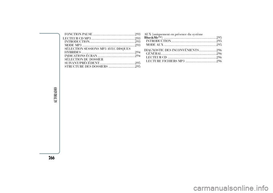 Lancia Ypsilon 2014  Notice dentretien (in French) FONCTION PAUSE ...............................................293
LECTEUR CD MP3 .................................................293
INTRODUCTION...................................................293