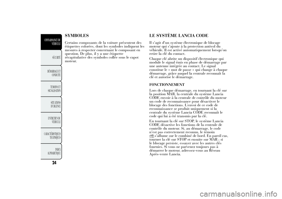 Lancia Ypsilon 2014 Notice dentretien (in French) SYMBOLESCertains composants de la voiture présentent des
étiquettes colorées, dont les symboles indiquent les
mesures à respecter concernant le composant en
question. De plus, il y a une étiquett Lancia Ypsilon 2014 Notice dentretien (in French) SYMBOLESCertains composants de la voiture présentent des
étiquettes colorées, dont les symboles indiquent les
mesures à respecter concernant le composant en
question. De plus, il y a une étiquett