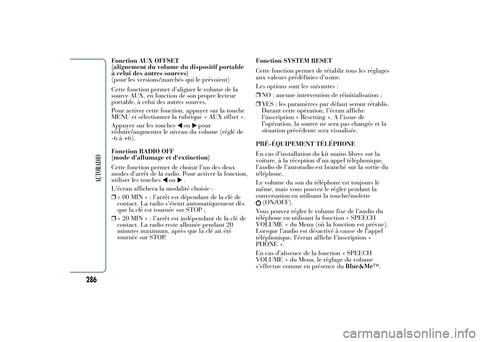 Lancia Ypsilon 2014 Notice dentretien (in French) Fonction AUX OFFSET
(alignement du volume du dispositif portable
à celui des autres sources)
(pour les versions/marchés qui le prévoient)
Cette fonction permet d'aligner le volume de la
source Lancia Ypsilon 2014 Notice dentretien (in French) Fonction AUX OFFSET
(alignement du volume du dispositif portable
à celui des autres sources)
(pour les versions/marchés qui le prévoient)
Cette fonction permet d'aligner le volume de la
source