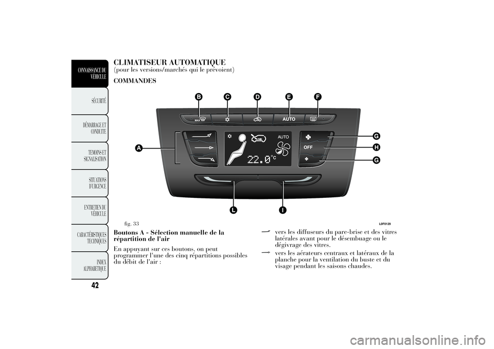 Lancia Ypsilon 2014 Notice dentretien (in French) CLIMATISEUR AUTOMATIQUE(pour les versions/marchés qui le prévoient)
COMMANDES
Boutons A - Sélection manuelle de la
répartition de l'air
En appuyant sur ces boutons, on peut
programmer l'un Lancia Ypsilon 2014 Notice dentretien (in French) CLIMATISEUR AUTOMATIQUE(pour les versions/marchés qui le prévoient)
COMMANDES
Boutons A - Sélection manuelle de la
répartition de l'air
En appuyant sur ces boutons, on peut
programmer l'un