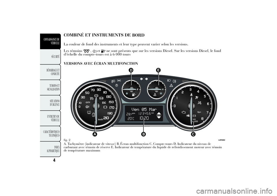 Lancia Ypsilon 2014  Notice dentretien (in French) COMBINÉ ET INSTRUMENTS DE
BORDLa couleur de fond des instruments et leur type peuvent varier selon les versions.
Les témoins
,
et
ne sont présents que sur les versions Diesel. Sur les versions Dies