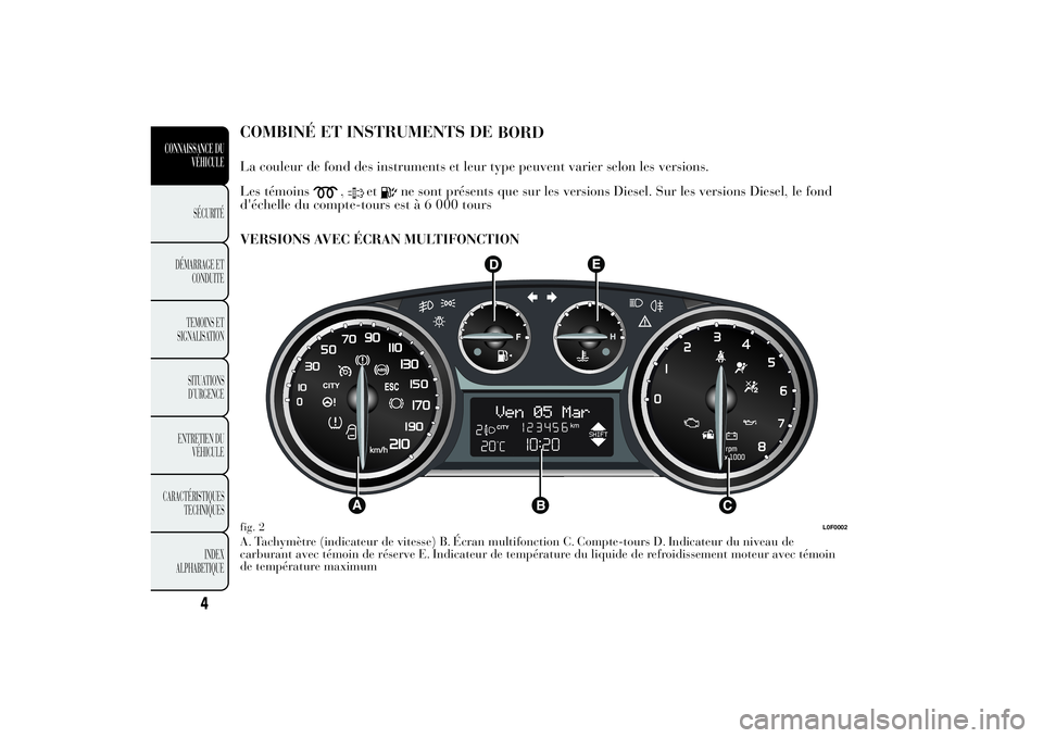 Lancia Ypsilon 2013 Notice dentretien (in French) COMBINÉ ET INSTRUMENTS DE
BORDLa couleur de fond des instruments et leur type peuvent varier selon les versions.
Les témoins
,
et
ne sont présents que sur les versions Diesel. Sur les versions Dies Lancia Ypsilon 2013 Notice dentretien (in French) COMBINÉ ET INSTRUMENTS DE
BORDLa couleur de fond des instruments et leur type peuvent varier selon les versions.
Les témoins
,
et
ne sont présents que sur les versions Diesel. Sur les versions Dies