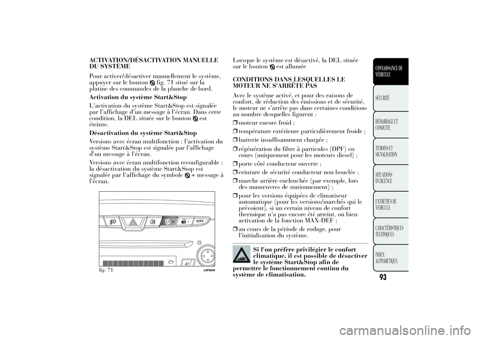 Lancia Ypsilon 2014 Notice dentretien (in French) ACTIVATION/DÉSACTIVATION MANUELLE
DU SYSTÈME
Pour activer/désactiver manuellement le système,
appuyer sur le bouton
fig. 71 situé sur la
platine des commandes de la planche de bord.
Activation du Lancia Ypsilon 2014 Notice dentretien (in French) ACTIVATION/DÉSACTIVATION MANUELLE
DU SYSTÈME
Pour activer/désactiver manuellement le système,
appuyer sur le bouton
fig. 71 situé sur la
platine des commandes de la planche de bord.
Activation du