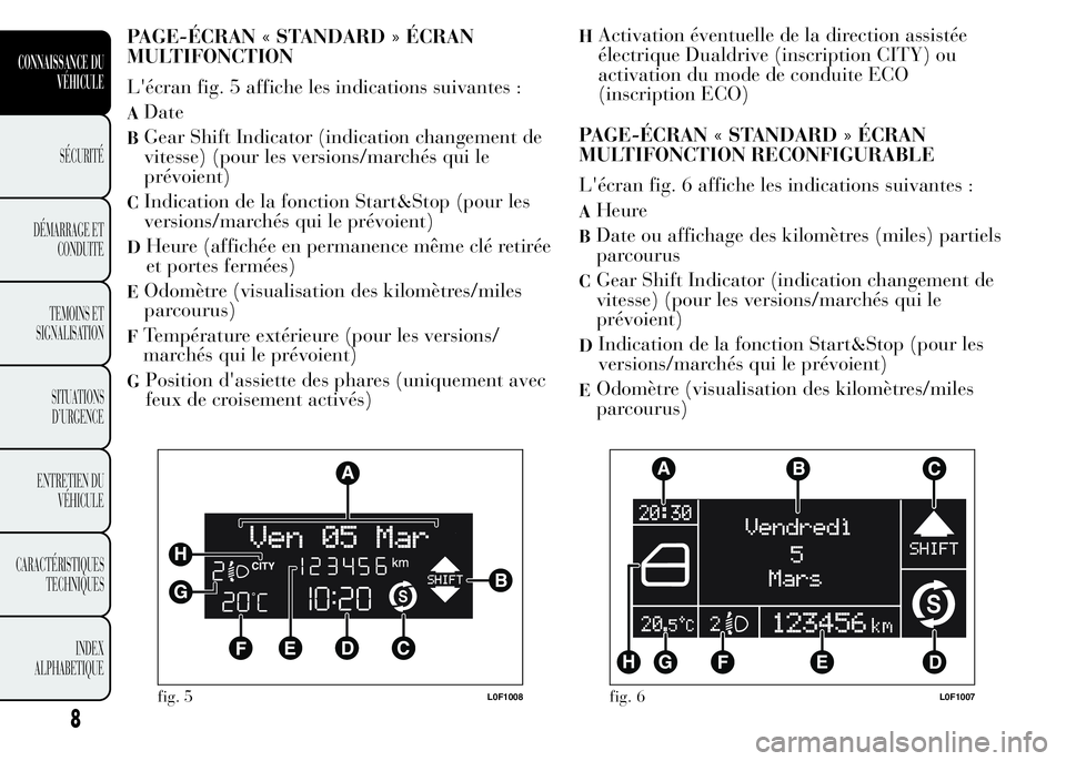 Lancia Ypsilon 2015  Notice dentretien (in French) PAGE-ÉCRAN « STANDARD » ÉCRAN
MULTIFONCTION
L'écran fig. 5 affiche les indications suivantes :
ADate
BGear Shift Indicator (indication changement de
vitesse) (pour les versions/marchés qui l