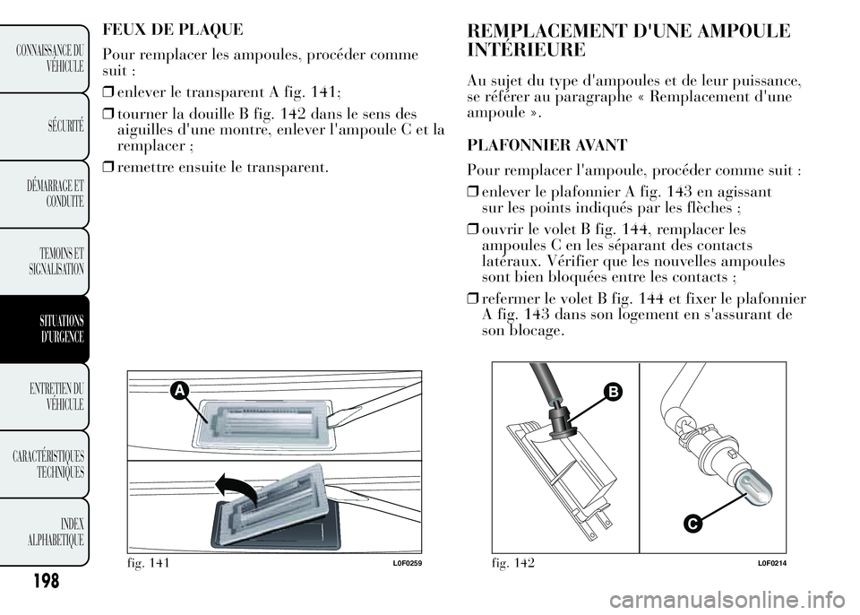 Lancia Ypsilon 2015 Notice dentretien (in French) FEUX DE PLAQUE
Pour remplacer les ampoules, procéder comme
suit :
❒enlever le transparent A fig. 141;
❒tourner la douille B fig. 142 dans le sens des
aiguilles d'une montre, enlever l'amp Lancia Ypsilon 2015 Notice dentretien (in French) FEUX DE PLAQUE
Pour remplacer les ampoules, procéder comme
suit :
❒enlever le transparent A fig. 141;
❒tourner la douille B fig. 142 dans le sens des
aiguilles d'une montre, enlever l'amp