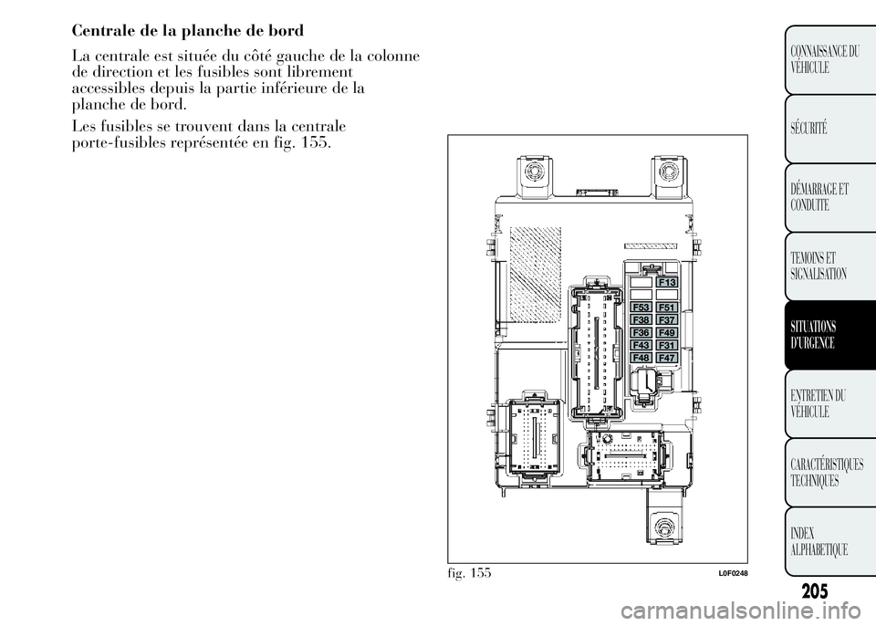 Lancia Ypsilon 2015 Notice dentretien (in French) fig. 155L0F0248
205
CONNAISSANCE DU
VÉHICULE
SÉCURITÉ
DÉMARRAGE ET
CONDUITE
TEMOINS ET
SIGNALISATION
SITUATIONS
D’URGENCE
ENTRETIEN DU
VÉHICULE
CARACTÉRISTIQUES
TECHNIQUES
INDEX
ALPHABETIQUE
C Lancia Ypsilon 2015 Notice dentretien (in French) fig. 155L0F0248
205
CONNAISSANCE DU
VÉHICULE
SÉCURITÉ
DÉMARRAGE ET
CONDUITE
TEMOINS ET
SIGNALISATION
SITUATIONS
D’URGENCE
ENTRETIEN DU
VÉHICULE
CARACTÉRISTIQUES
TECHNIQUES
INDEX
ALPHABETIQUE
C