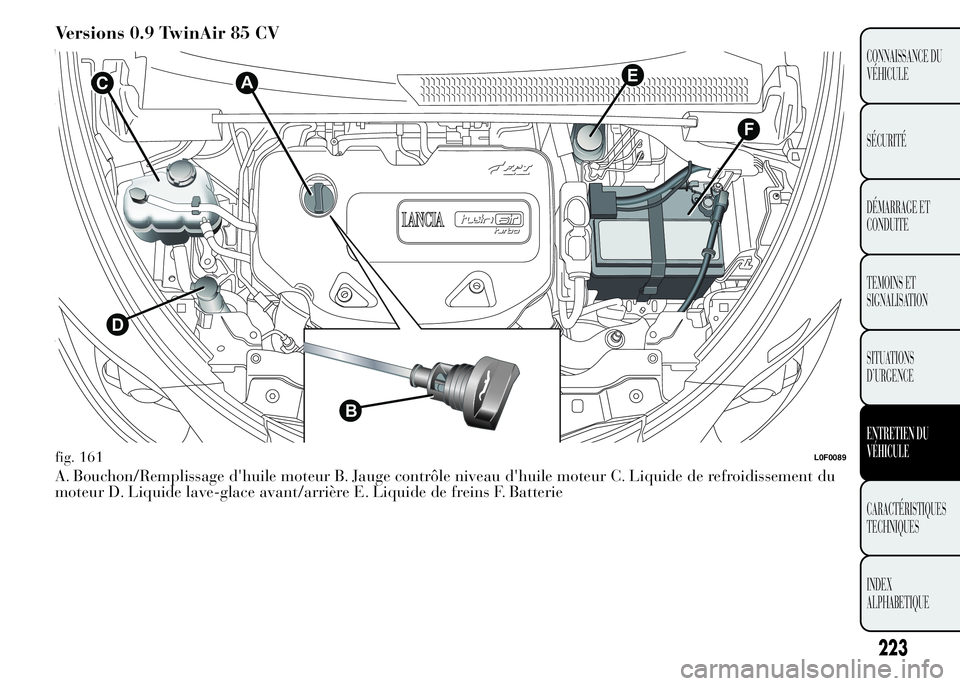 Lancia Ypsilon 2015 Notice dentretien (in French) Versions 0.9 TwinAir 85 CV
A. Bouchon/Remplissage d'huile moteur B. Jauge contrôle niveau d'huile moteur C. Liquide de refroidissement du
moteur D. Liquide lave-glace avant/arrière E. Liquid Lancia Ypsilon 2015 Notice dentretien (in French) Versions 0.9 TwinAir 85 CV
A. Bouchon/Remplissage d'huile moteur B. Jauge contrôle niveau d'huile moteur C. Liquide de refroidissement du
moteur D. Liquide lave-glace avant/arrière E. Liquid