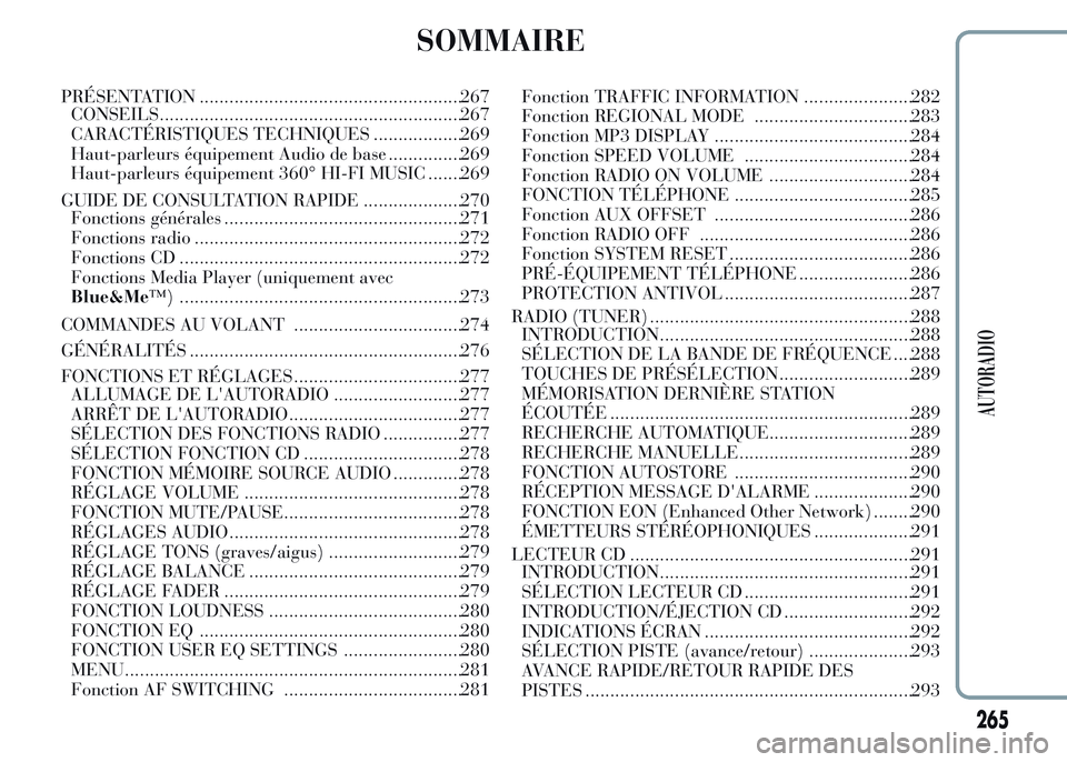 Lancia Ypsilon 2015  Notice dentretien (in French) SOMMAIRE
PRÉSENTATION .....................................................267
CONSEILS.............................................................267
CARACTÉRISTIQUES TECHNIQUES ..................