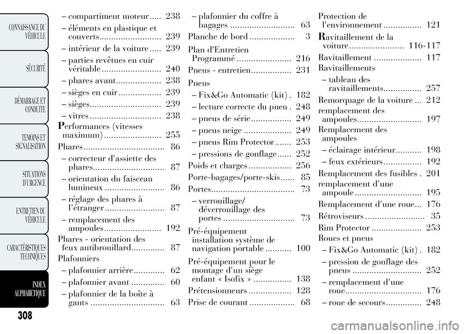 Lancia Ypsilon 2015  Notice dentretien (in French) – compartiment moteur ..... 238
– éléments en plastique et
couverts.......................... 239
– intérieur de la voiture ..... 239
– parties revêtues en cuir
véritable ................