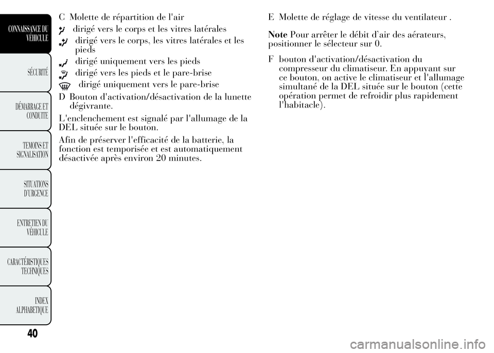 Lancia Ypsilon 2015  Notice dentretien (in French) C Molette de répartition de l'air
dirigé vers le corps et les vitres latérales
dirigé vers le corps, les vitres latérales et les
pieds
dirigé uniquement vers les pieds
dirigé vers les pieds