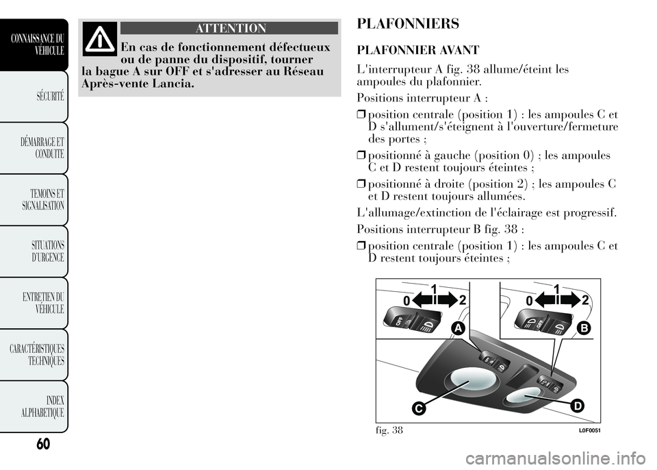 Lancia Ypsilon 2015 Notice dentretien (in French) ATTENTION
En cas de fonctionnement défectueux
ou de panne du dispositif, tourner
la bague A sur OFF et s'adresser au Réseau
Après-vente Lancia.
PLAFONNIERS
PLAFONNIER AVANT
L'interrupteur A Lancia Ypsilon 2015 Notice dentretien (in French) ATTENTION
En cas de fonctionnement défectueux
ou de panne du dispositif, tourner
la bague A sur OFF et s'adresser au Réseau
Après-vente Lancia.
PLAFONNIERS
PLAFONNIER AVANT
L'interrupteur A