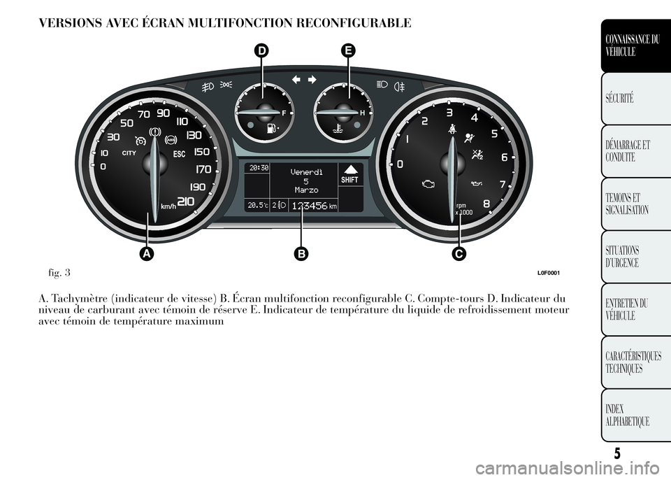 Lancia Ypsilon 2015 Notice dentretien (in French) VERSIONS AVEC ÉCRAN MULTIFONCTION RECONFIGURABLE
A. Tachymètre (indicateur de vitesse) B. Écran multifonction reconfigurable C. Compte-tours D. Indicateur du
niveau de carburant avec témoin de ré Lancia Ypsilon 2015 Notice dentretien (in French) VERSIONS AVEC ÉCRAN MULTIFONCTION RECONFIGURABLE
A. Tachymètre (indicateur de vitesse) B. Écran multifonction reconfigurable C. Compte-tours D. Indicateur du
niveau de carburant avec témoin de ré