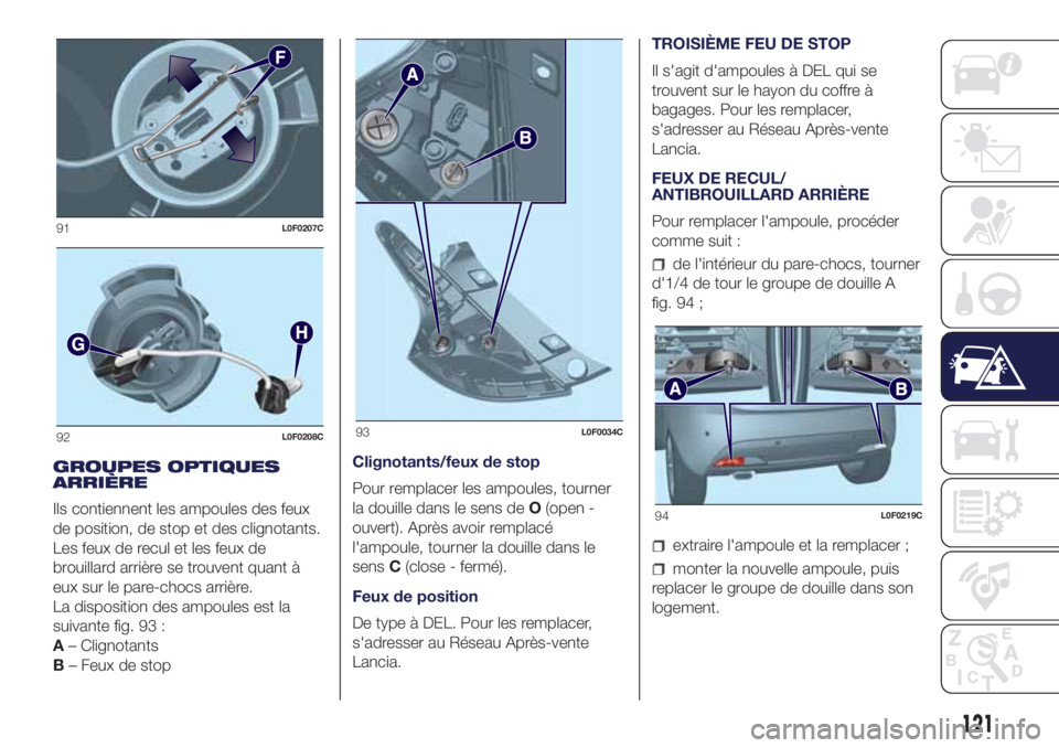 Lancia Ypsilon 2020 Notice dentretien (in French) GROUPES OPTIQUES
ARRIÈRE
Ils contiennent les ampoules des feux
de position, de stop et des clignotants.
Les feux de recul et les feux de
brouillard arrière se trouvent quant Ã
eux sur le pare-chocs Lancia Ypsilon 2020 Notice dentretien (in French) GROUPES OPTIQUES
ARRIÈRE
Ils contiennent les ampoules des feux
de position, de stop et des clignotants.
Les feux de recul et les feux de
brouillard arrière se trouvent quant Ã
eux sur le pare-chocs