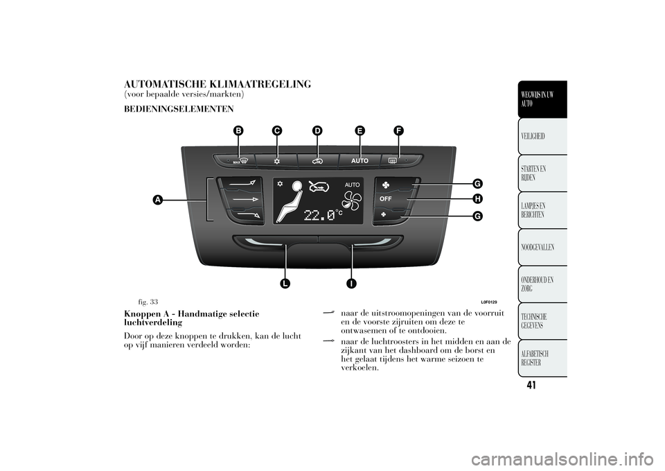 Lancia Ypsilon 2014  Instructieboek (in Dutch) AUTOMATISCHE KLIMAATREGELING(voor bepaalde versies/markten)
BEDIENINGSELEMENTEN
Knoppen A - Handmatige selectie
luchtverdeling
Door op deze knoppen te drukken, kan de lucht
op vijf manieren verdeeld w