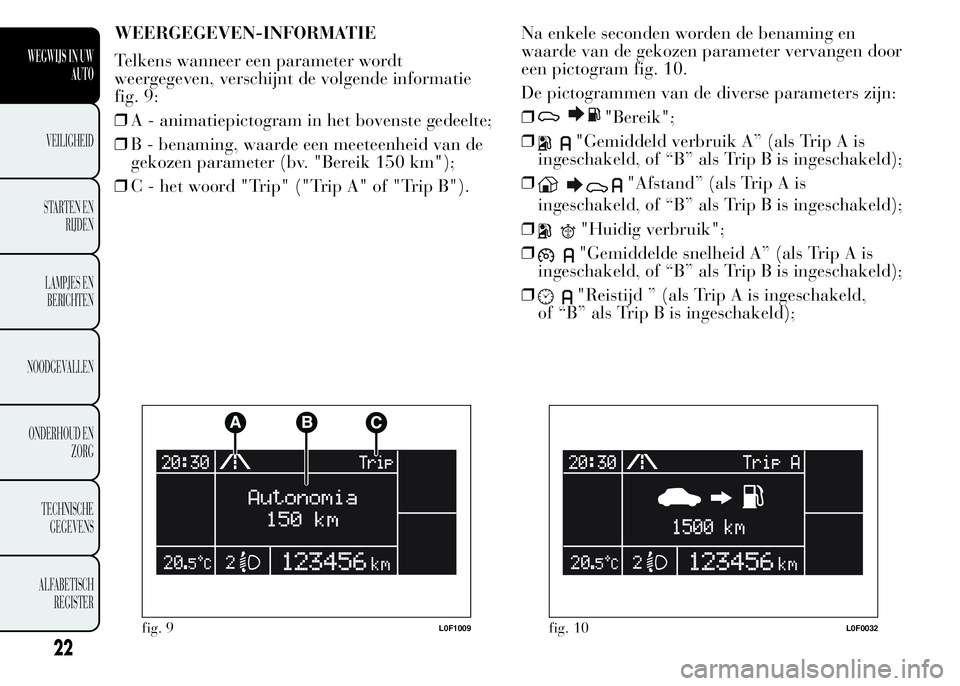 Lancia Ypsilon 2015  Instructieboek (in Dutch) WEERGEGEVEN-INFORMATIE
Telkens wanneer een parameter wordt
weergegeven, verschijnt de volgende informatie
fig. 9:
❒A - animatiepictogram in het bovenste gedeelte;
❒B - benaming, waarde een meeteen