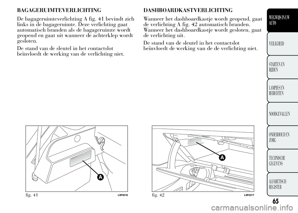 Lancia Ypsilon 2015  Instructieboek (in Dutch) BAGAGERUIMTEVERLICHTING
De bagageruimteverlichting A fig. 41 bevindt zich
links in de bagageruimte. Deze verlichting gaat
automatisch branden als de bagageruimte wordt
geopend en gaat uit wanneer de a