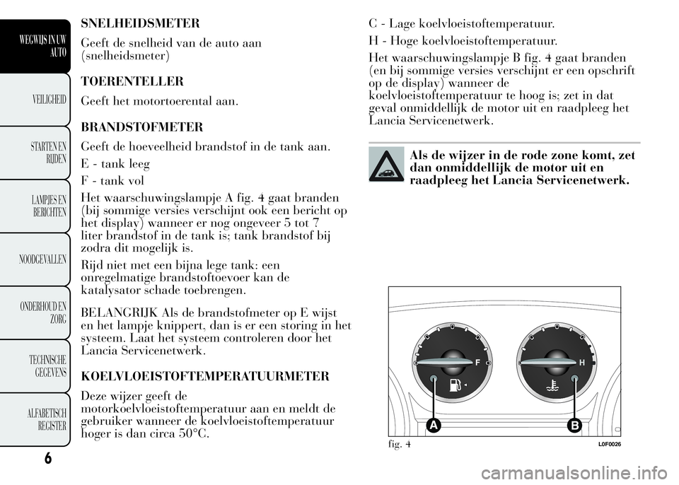 Lancia Ypsilon 2015  Instructieboek (in Dutch) SNELHEIDSMETER
Geeft de snelheid van de auto aan
(snelheidsmeter)
TOERENTELLER
Geeft het motortoerental aan.
BRANDSTOFMETER
Geeft de hoeveelheid brandstof in de tank aan.
E - tank leeg
F - tank vol
He