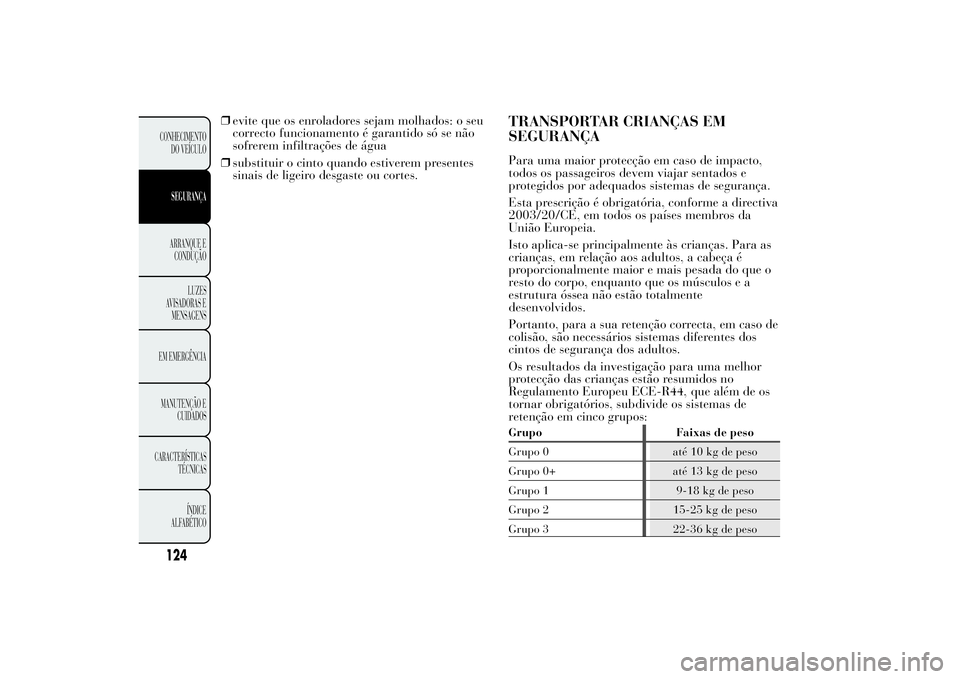 Lancia Ypsilon 2011 Manual de Uso e Manutenção (in Portuguese) ❒evite que os enroladores sejam molhados: o seu
correcto funcionamento é garantido só se não
sofrerem infiltrações de água
❒substituir o cinto quando estiverem presentes
sinais de ligeiro de Lancia Ypsilon 2011 Manual de Uso e Manutenção (in Portuguese) ❒evite que os enroladores sejam molhados: o seu
correcto funcionamento é garantido só se não
sofrerem infiltrações de água
❒substituir o cinto quando estiverem presentes
sinais de ligeiro de