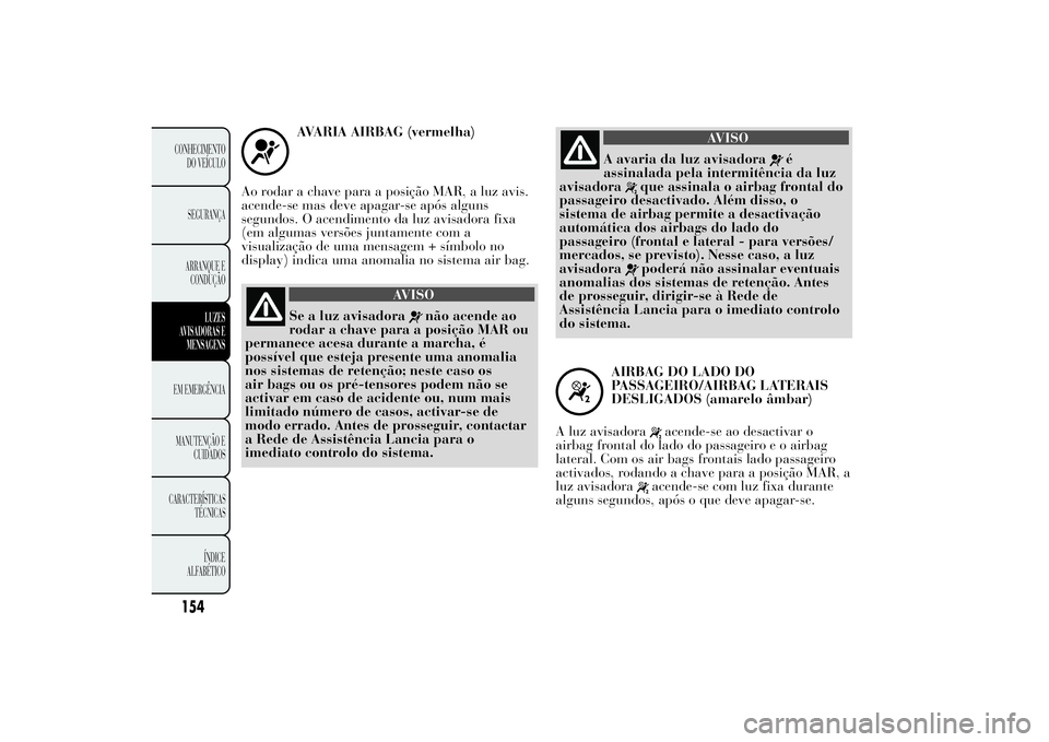 Lancia Ypsilon 2011 Manual de Uso e Manutenção (in Portuguese) AVARIA AIRBAG (vermelha)
Ao rodar a chave para a posição MAR, a luz avis.
acende-se mas deve apagar-se após alguns
segundos. O acendimento da luz avisadora fixa
(em algumas versões juntamente com Lancia Ypsilon 2011 Manual de Uso e Manutenção (in Portuguese) AVARIA AIRBAG (vermelha)
Ao rodar a chave para a posição MAR, a luz avis.
acende-se mas deve apagar-se após alguns
segundos. O acendimento da luz avisadora fixa
(em algumas versões juntamente com