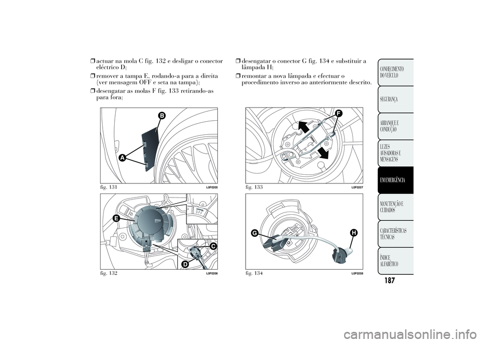 Lancia Ypsilon 2011 Manual de Uso e Manutenção (in Portuguese) ❒actuar na mola C fig. 132 e desligar o conector
eléctrico D;
❒remover a tampa E, rodando-a para a direita
(ver mensagem OFF e seta na tampa);
❒desengatar as molas F fig. 133 retirando-as
para Lancia Ypsilon 2011 Manual de Uso e Manutenção (in Portuguese) ❒actuar na mola C fig. 132 e desligar o conector
eléctrico D;
❒remover a tampa E, rodando-a para a direita
(ver mensagem OFF e seta na tampa);
❒desengatar as molas F fig. 133 retirando-as
para