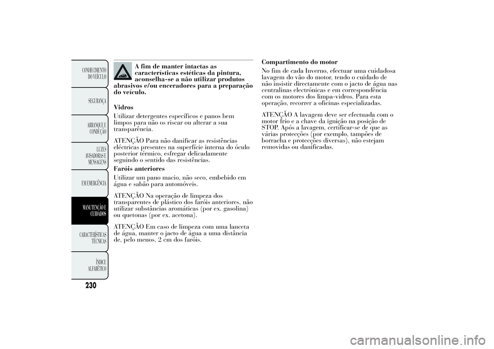 Lancia Ypsilon 2011 Manual de Uso e Manutenção (in Portuguese) A fim de manter intactas as
características estéticas da pintura,
aconselha-se a não utilizar produtos
abrasivos e/ou enceradores para a preparação
do veículo.
Vidros
Utilizar detergentes espec Lancia Ypsilon 2011 Manual de Uso e Manutenção (in Portuguese) A fim de manter intactas as
características estéticas da pintura,
aconselha-se a não utilizar produtos
abrasivos e/ou enceradores para a preparação
do veículo.
Vidros
Utilizar detergentes espec