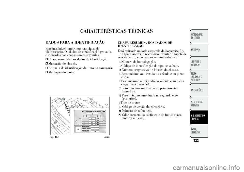 Lancia Ypsilon 2011 Manual de Uso e Manutenção (in Portuguese) CARACTERÍSTICAS TÉCNICAS
DADOS PARA A IDENTIFICAÇÃOÉ aconselhável tomar nota das siglas de
identificação. Os dados de identificação gravados
e indicados nas chapas são os seguintes:
❒Chap Lancia Ypsilon 2011 Manual de Uso e Manutenção (in Portuguese) CARACTERÍSTICAS TÉCNICAS
DADOS PARA A IDENTIFICAÇÃOÉ aconselhável tomar nota das siglas de
identificação. Os dados de identificação gravados
e indicados nas chapas são os seguintes:
❒Chap