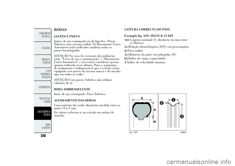 Lancia Ypsilon 2011 Manual de Uso e Manutenção (in Portuguese) RODASJANTES E PNEUS
Jantes de aço estampado ou de liga leve. Pneus
Tubeless com carcaça radial. No Documento Único
Automóvel estão indicados também todos os
pneus homologados.
ATENÇÃO No caso Lancia Ypsilon 2011 Manual de Uso e Manutenção (in Portuguese) RODASJANTES E PNEUS
Jantes de aço estampado ou de liga leve. Pneus
Tubeless com carcaça radial. No Documento Único
Automóvel estão indicados também todos os
pneus homologados.
ATENÇÃO No caso