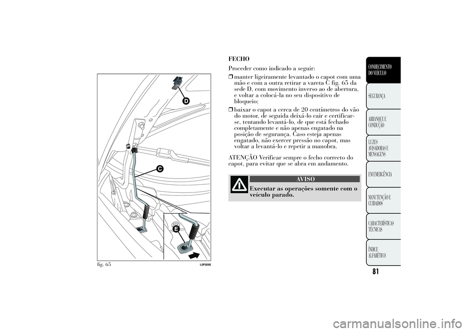 Lancia Ypsilon 2011 Manual de Uso e Manutenção (in Portuguese) .
FECHO
Proceder como indicado a seguir:
❒manter ligeiramente levantado o capot com uma
mão e com a outra retirar a vareta C fig. 65 da
sede D, com movimento inverso ao de abertura,
e voltar a colo Lancia Ypsilon 2011 Manual de Uso e Manutenção (in Portuguese) .
FECHO
Proceder como indicado a seguir:
❒manter ligeiramente levantado o capot com uma
mão e com a outra retirar a vareta C fig. 65 da
sede D, com movimento inverso ao de abertura,
e voltar a colo
