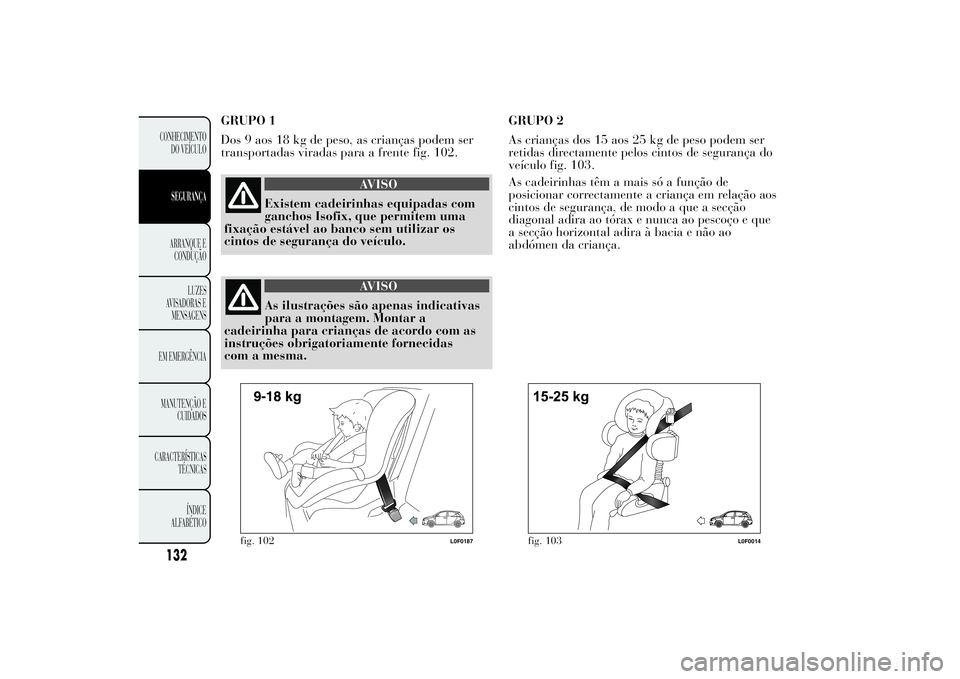 Lancia Ypsilon 2012  Manual de Uso e Manutenção (in Portuguese) GRUPO 1
Dos 9 aos 18 kg de peso, as crianças podem ser
transportadas viradas para a frente fig. 102.
AVISO
Existem cadeirinhas equipadas com
ganchos Isofix, que permitem uma
fixação estável ao ban