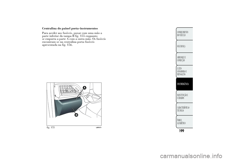 Lancia Ypsilon 2012  Manual de Uso e Manutenção (in Portuguese) Centralina do painel porta-instrumentos
Para aceder aos fusíveis, puxar com uma mão a
parte inferior da tampa B fig. 155 enquanto
se empurra a parte A com a outra mão. Os fusíveis
encontram-se na 