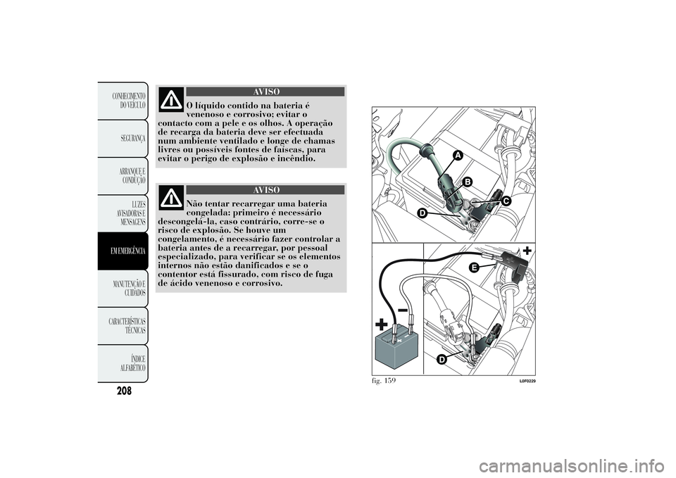 Lancia Ypsilon 2012  Manual de Uso e Manutenção (in Portuguese) AVISO
O líquido contido na bateria é
venenoso e corrosivo; evitar o
contacto com a pele e os olhos. A operação
de recarga da bateria deve ser efectuada
num ambiente ventilado e longe de chamas
liv