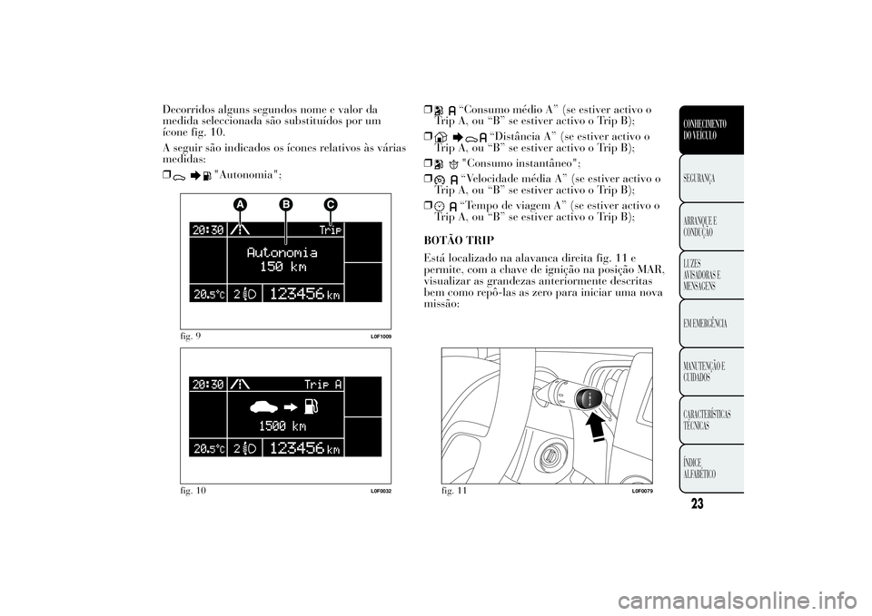 Lancia Ypsilon 2012 Manual de Uso e Manutenção (in Portuguese) Decorridos alguns segundos nome e valor da
medida seleccionada são substituídos por um
ícone fig. 10.
A seguir são indicados os ícones relativos às várias
medidas:
❒
"Autonomia";❒
Lancia Ypsilon 2012 Manual de Uso e Manutenção (in Portuguese) Decorridos alguns segundos nome e valor da
medida seleccionada são substituídos por um
ícone fig. 10.
A seguir são indicados os ícones relativos às várias
medidas:
❒
"Autonomia";❒