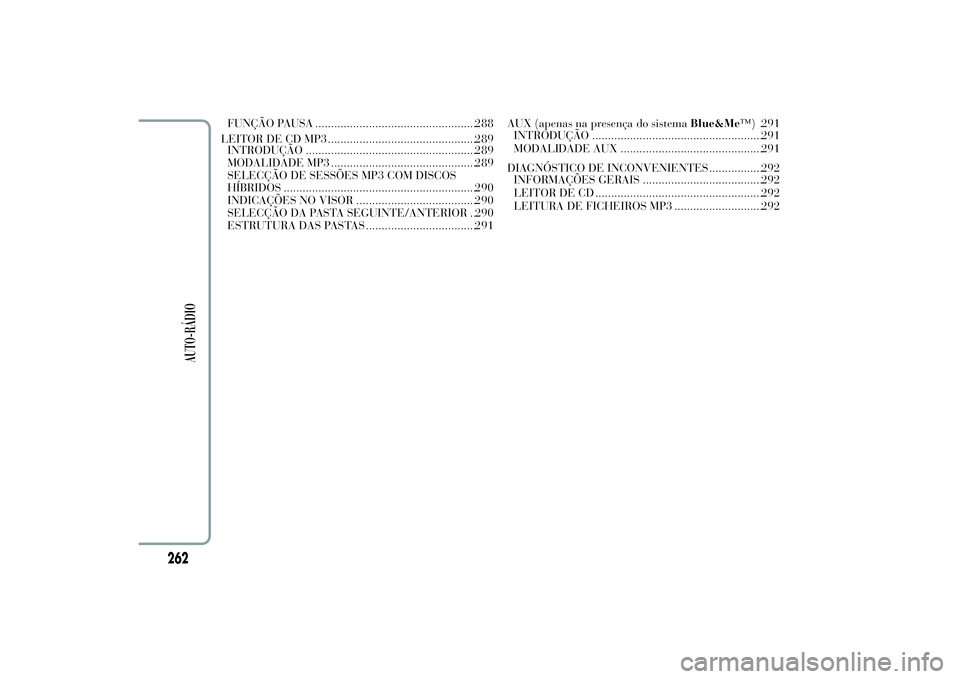 Lancia Ypsilon 2012 Manual de Uso e Manutenção (in Portuguese) FUNÇÃO PAUSA ...................................................288
LEITOR DE CD MP3 ...............................................289
INTRODUÇÃO ................................................. Lancia Ypsilon 2012 Manual de Uso e Manutenção (in Portuguese) FUNÇÃO PAUSA ...................................................288
LEITOR DE CD MP3 ...............................................289
INTRODUÇÃO .................................................