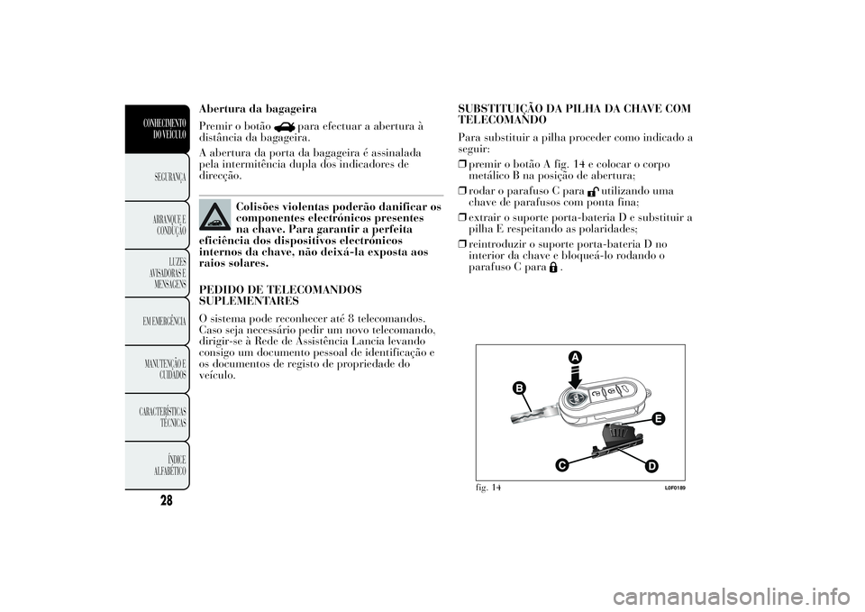 Lancia Ypsilon 2012 Manual de Uso e Manutenção (in Portuguese) Abertura da bagageira
Premir o botão
para efectuar a abertura à
distância da bagageira.
A abertura da porta da bagageira é assinalada
pela intermitência dupla dos indicadores de
direcção.
Colis Lancia Ypsilon 2012 Manual de Uso e Manutenção (in Portuguese) Abertura da bagageira
Premir o botão
para efectuar a abertura à
distância da bagageira.
A abertura da porta da bagageira é assinalada
pela intermitência dupla dos indicadores de
direcção.
Colis
