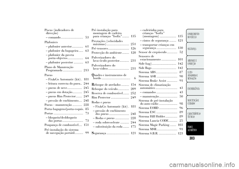 Lancia Ypsilon 2012 Manual de Uso e Manutenção (in Portuguese) Piscas (indicadores de
direcção)
– comando .......................... 53
Plafoniers
– plafonier anterior ............. 61
– plafonier da bagageira ..... 63
– plafonier da gaveta
porta-object Lancia Ypsilon 2012 Manual de Uso e Manutenção (in Portuguese) Piscas (indicadores de
direcção)
– comando .......................... 53
Plafoniers
– plafonier anterior ............. 61
– plafonier da bagageira ..... 63
– plafonier da gaveta
porta-object