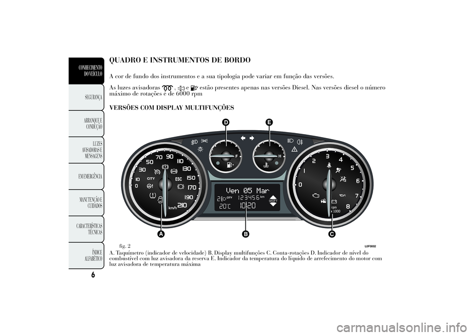Lancia Ypsilon 2012 Manual de Uso e Manutenção (in Portuguese) QUADRO E INSTRUMENTOS DE
BORDOA cor de fundo dos instrumentos e a sua tipologia pode variar em função das versões.
As luzes avisadoras
,
e
estão presentes apenas nas versões Diesel. Nas versões Lancia Ypsilon 2012 Manual de Uso e Manutenção (in Portuguese) QUADRO E INSTRUMENTOS DE
BORDOA cor de fundo dos instrumentos e a sua tipologia pode variar em função das versões.
As luzes avisadoras
,
e
estão presentes apenas nas versões Diesel. Nas versões