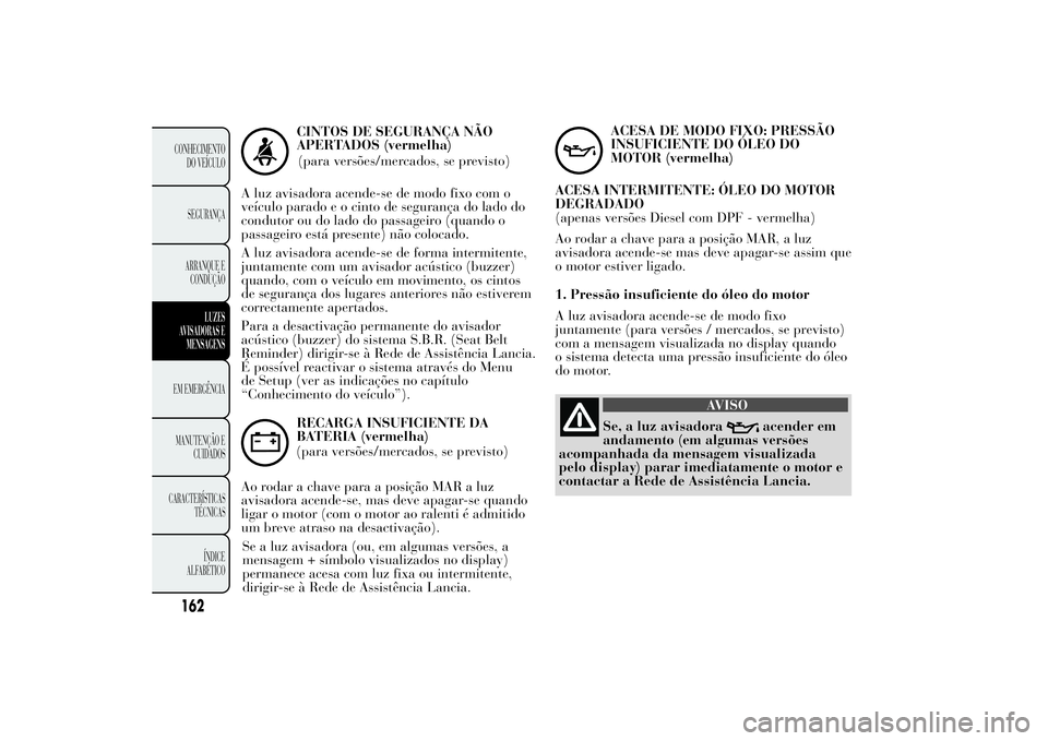 Lancia Ypsilon 2014 Manual de Uso e Manutenção (in Portuguese) CINTOS DE SEGURANÇA NÃO
APERTADOS (vermelha)
(para versões/mercados, se previsto)
A luz avisadora acende-se de modo fixo com o
veículo parado e o cinto de segurança do lado do
condutor ou do lado Lancia Ypsilon 2014 Manual de Uso e Manutenção (in Portuguese) CINTOS DE SEGURANÇA NÃO
APERTADOS (vermelha)
(para versões/mercados, se previsto)
A luz avisadora acende-se de modo fixo com o
veículo parado e o cinto de segurança do lado do
condutor ou do lado